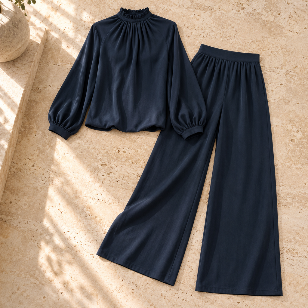 Women’s Stand Collar Top & Wide-Leg Pants Set
