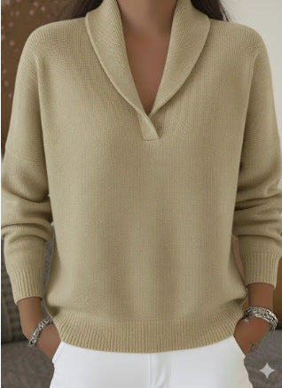 Loose V-neck solid color versatile long sleeved base knit sweater