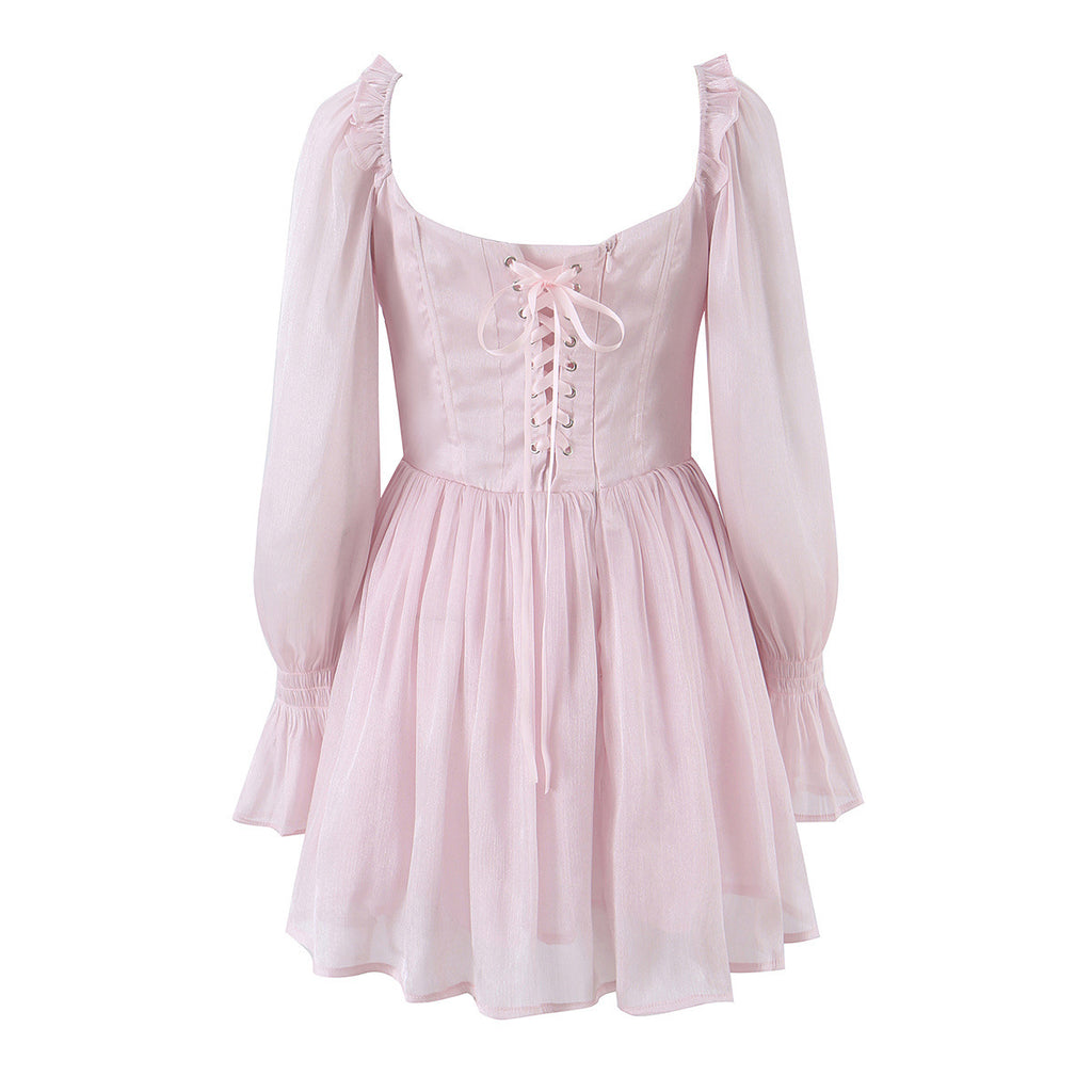 Tailored fishbone waist cinched bubble sleeve dress for women's wear