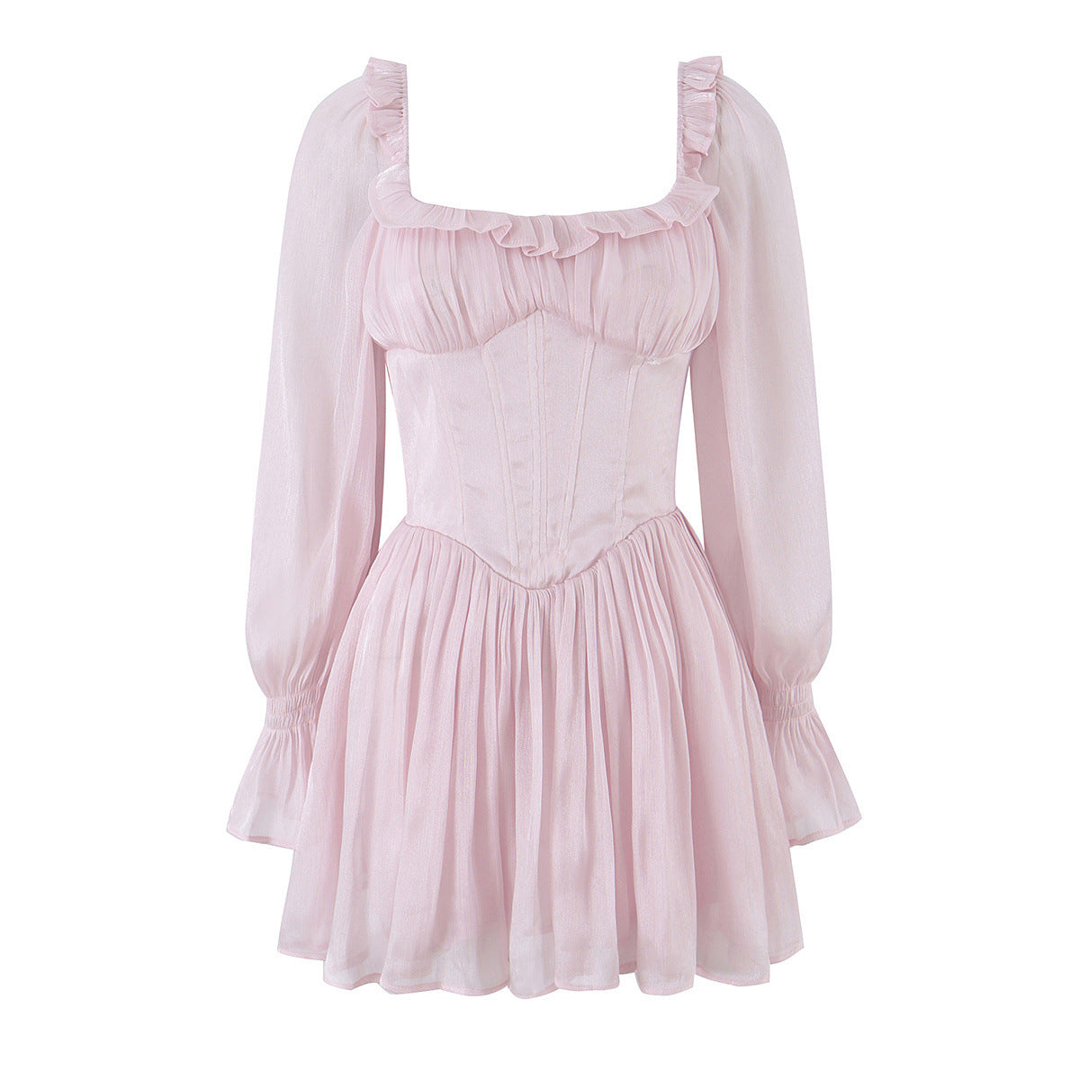 Tailored fishbone waist cinched bubble sleeve dress for women's wear
