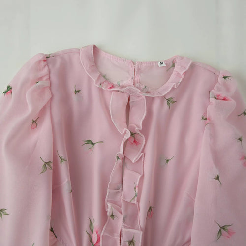 Lotus leaf edge patchwork printed hollow dress for women