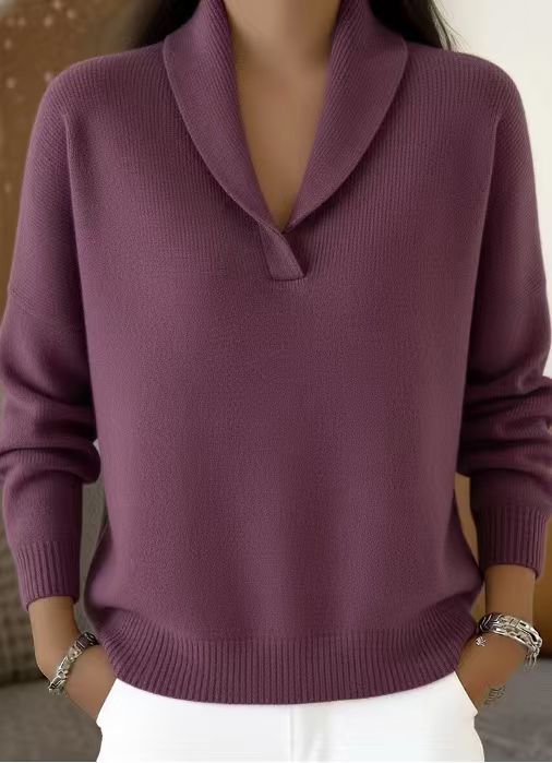 Loose V-neck solid color versatile long sleeved base knit sweater