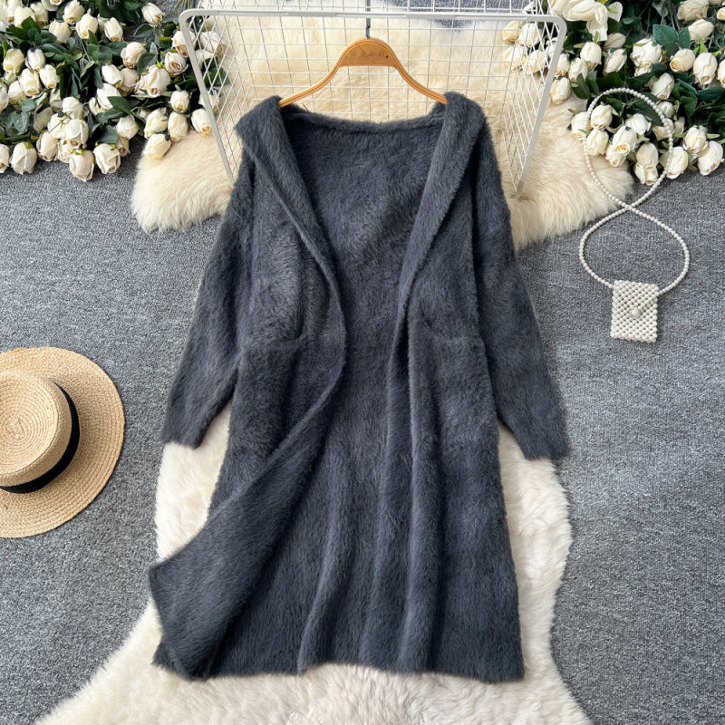 Women’s Oversized Hooded Knit Cardigan Coat – Mid-Length Loose Sweater Jacket