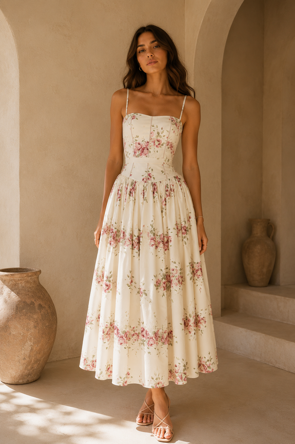 Women’s Floral Strappy Backless A-Line Maxi Dress