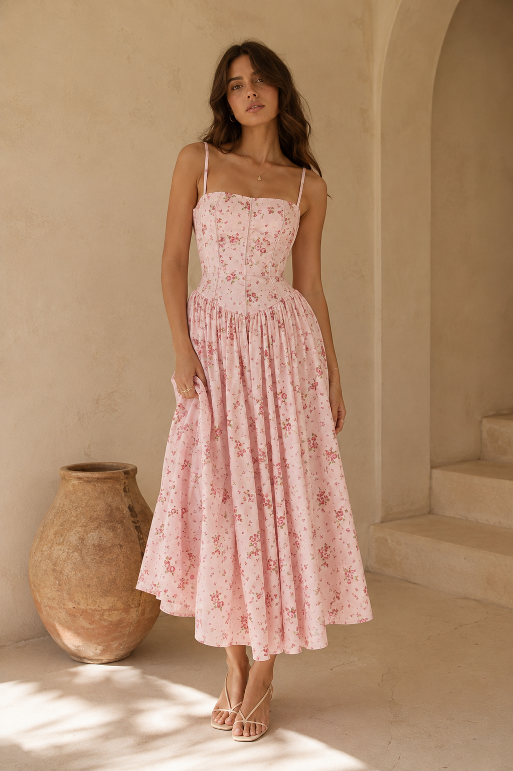 Women’s Floral Strappy Backless A-Line Maxi Dress