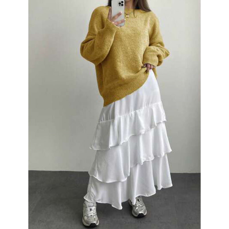 Round neck sweater women's autumn and winter versatile lazy style solid color top