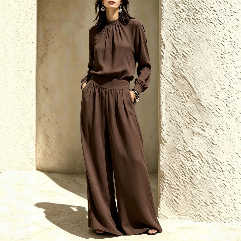 Casual Solid Color Long Sleeve Stand-up Collar Loose Fit Women's Fashion Set BlouseWide-leg Pants