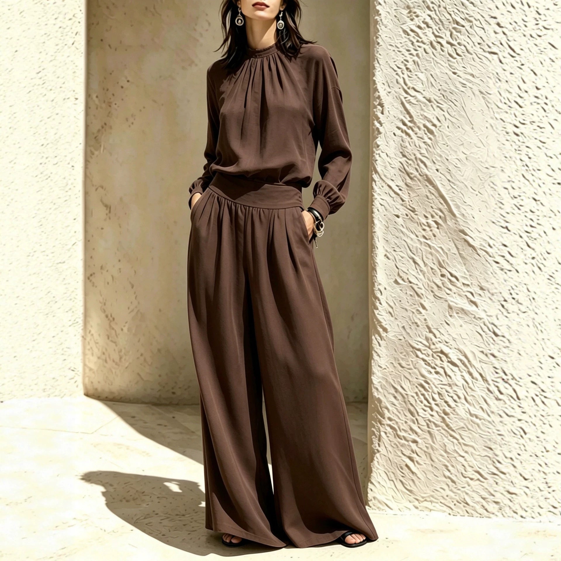 Casual Solid Color Long Sleeve Stand-up Collar Loose Fit Women's Fashion Set BlouseWide-leg Pants