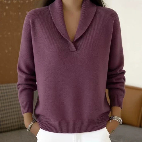 Loose V-neck solid color versatile long sleeved base knit sweater