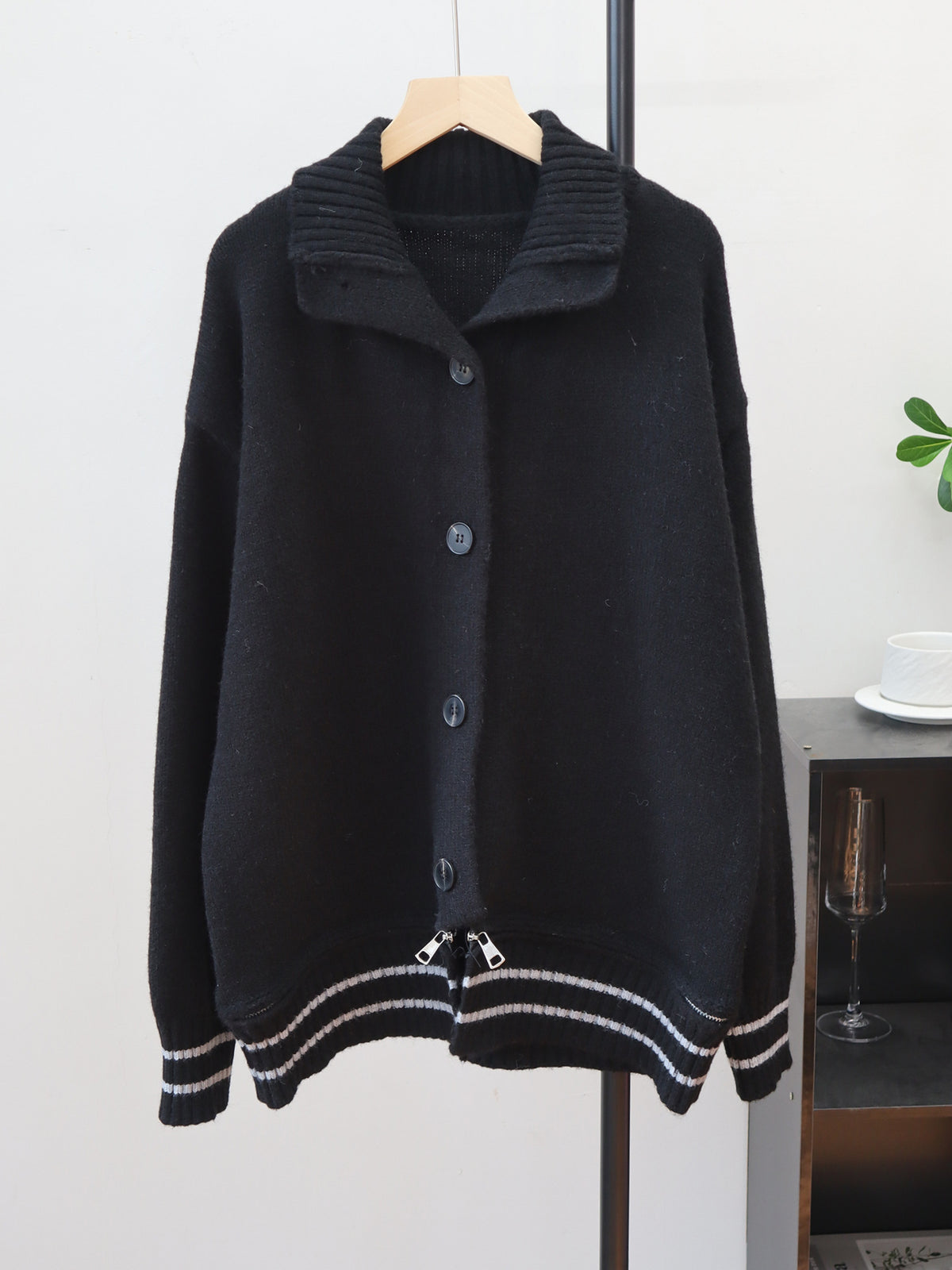 Stand up collar contrasting striped sweater