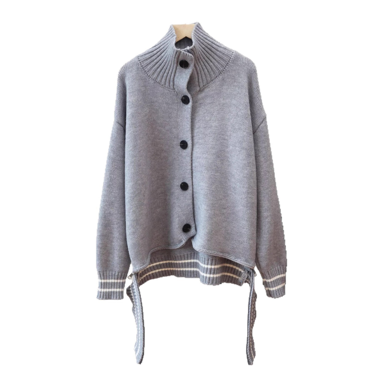 Stand up collar contrasting striped sweater