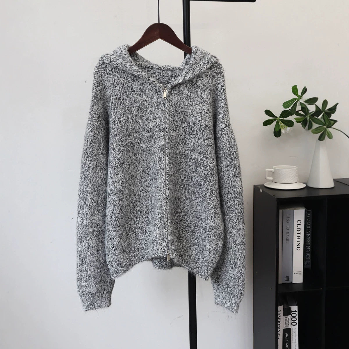Zipper hooded cardigan sweater