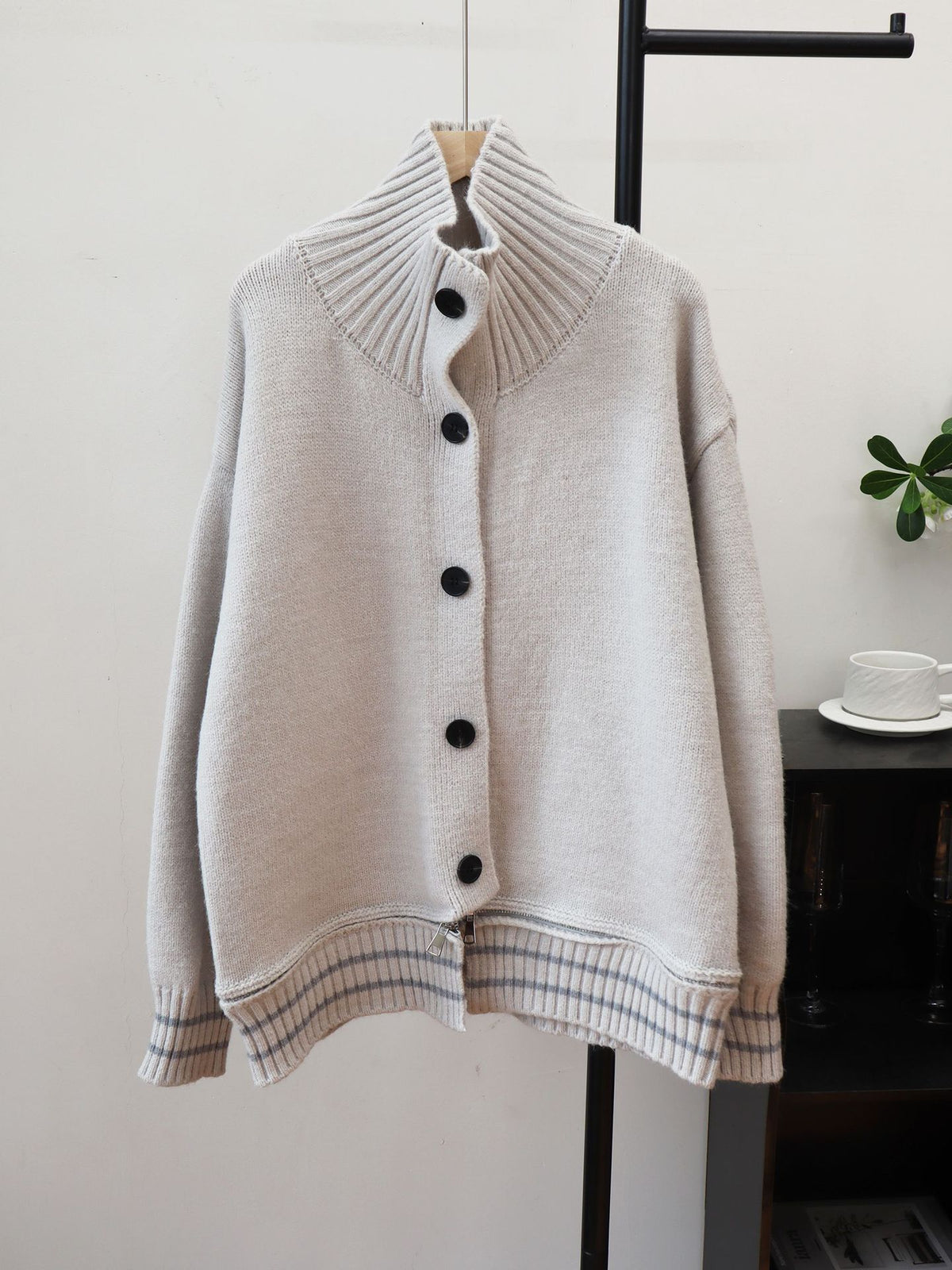 Stand up collar contrasting striped sweater