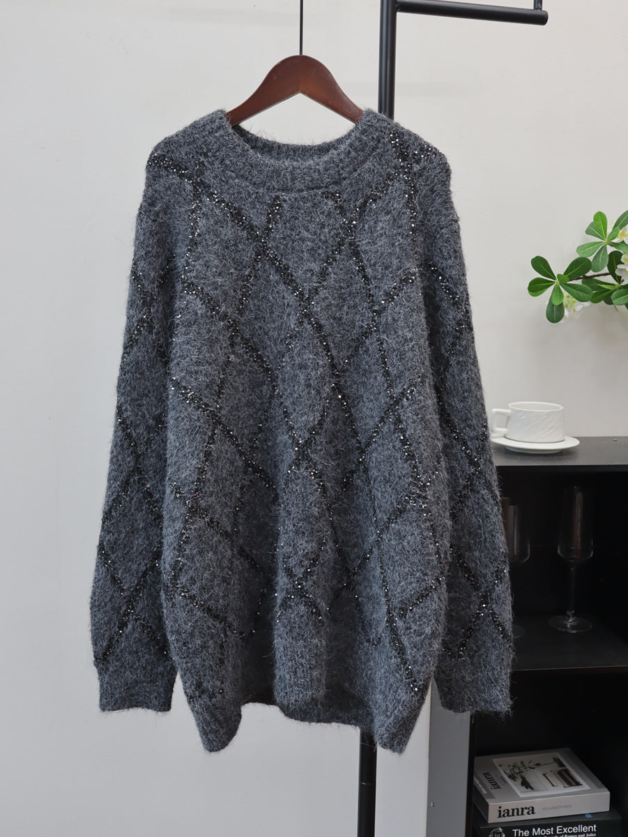 Sequined round neck pullover sweater