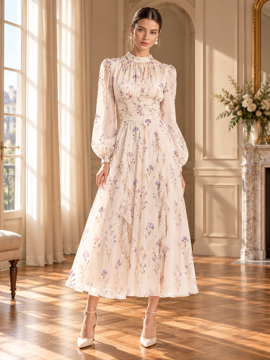 Women’s Ruffle Long Sleeve Chiffon Maxi Dress
