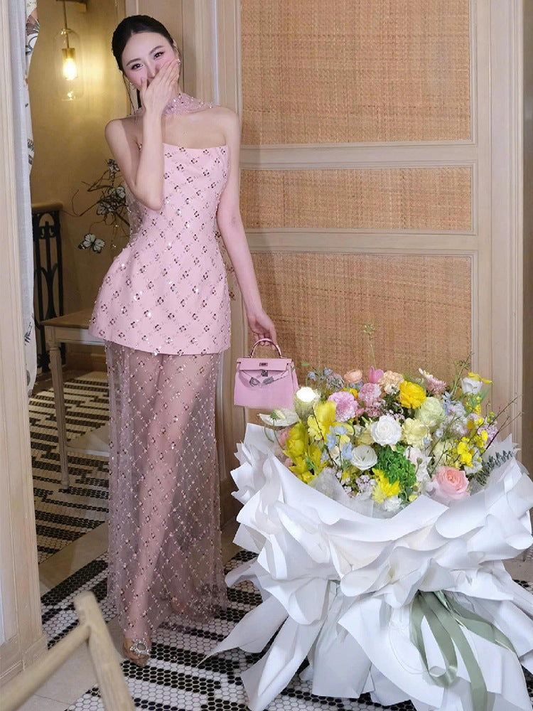 Unique and Beautiful Strapless Dress for Women, Summer 2026, Elegant Socialite Style, Mesh with Rhinestones, High-End Birthday Gown