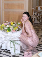 Unique and Beautiful Strapless Dress for Women, Summer 2026, Elegant Socialite Style, Mesh with Rhinestones, High-End Birthday Gown