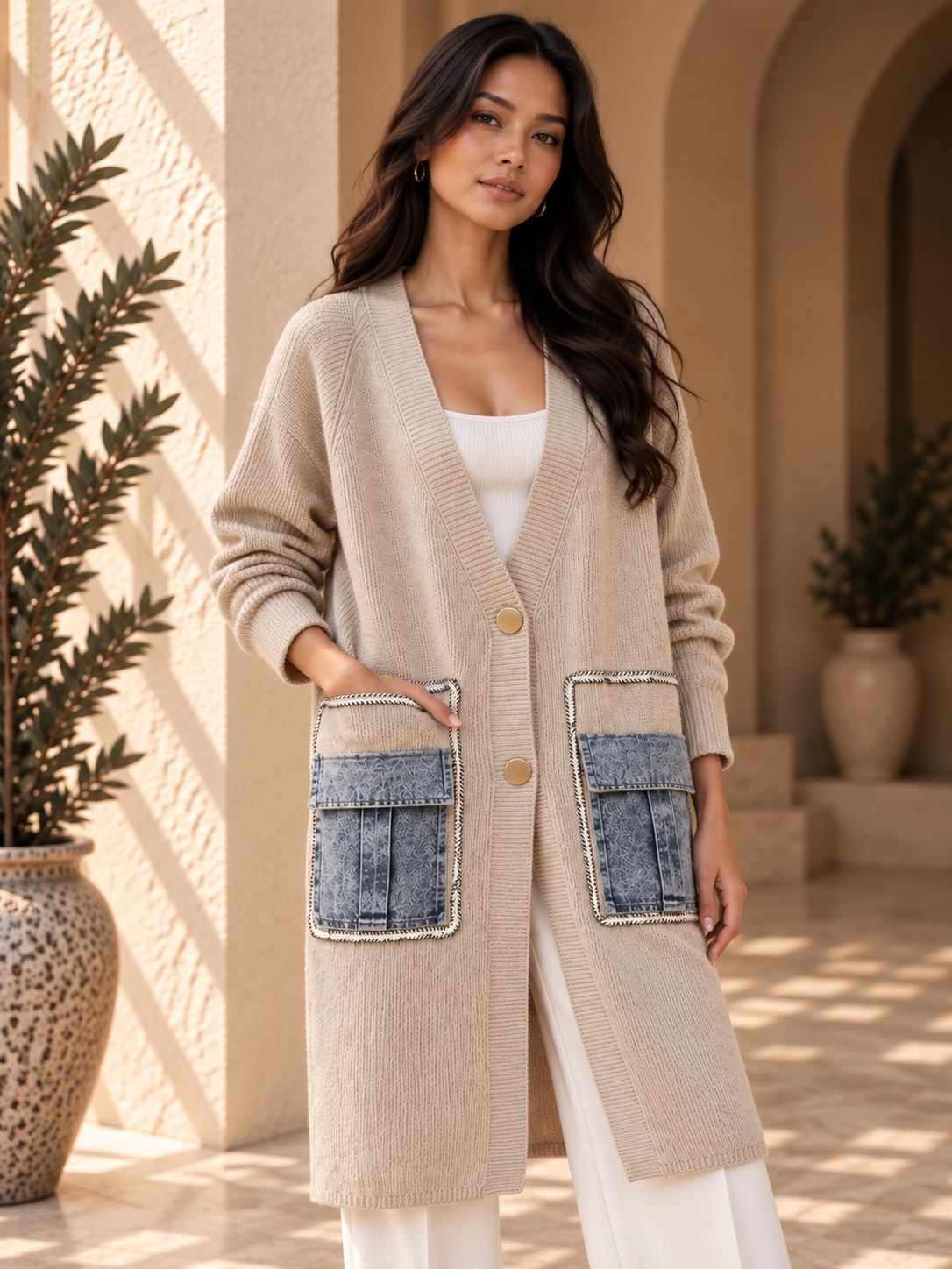 Women’s Denim Panel Pocket Knit Sweater