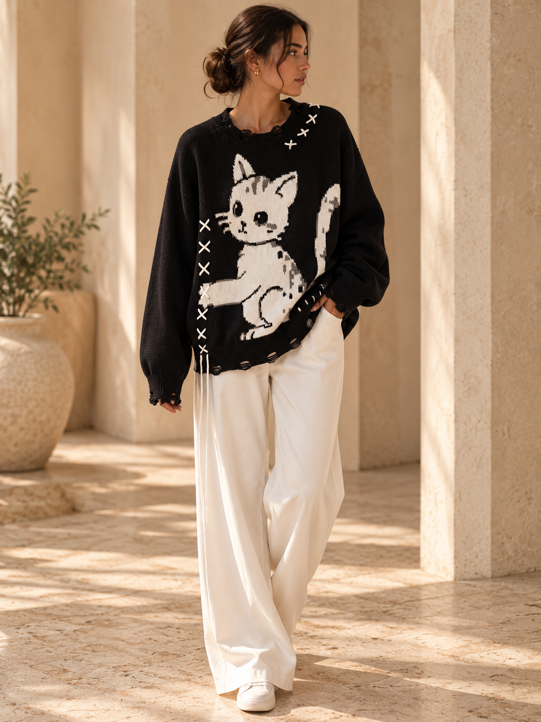Women’s Cat Round Neck Knit Sweater