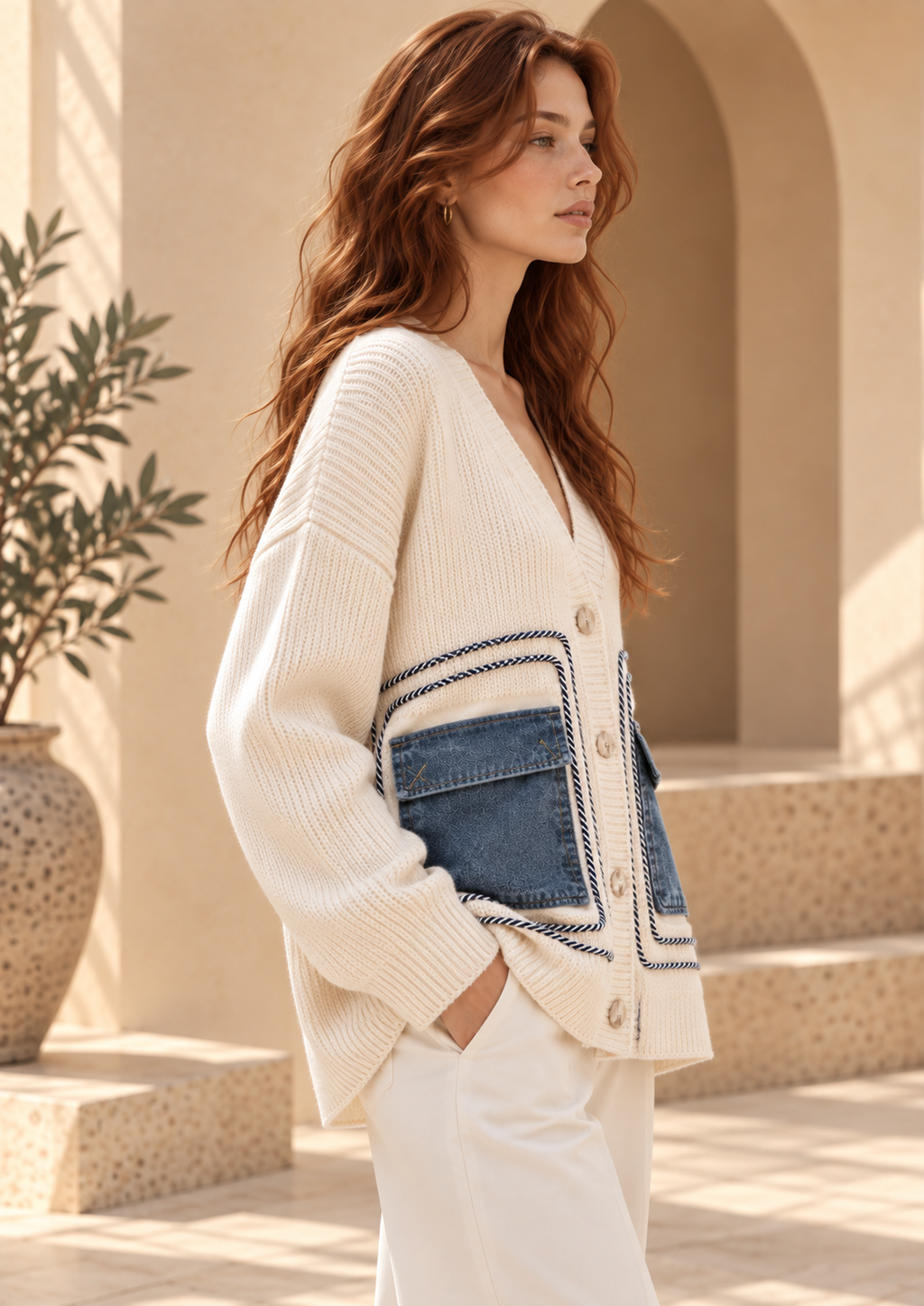 Women’s Denim Patchwork Knit Cardigan