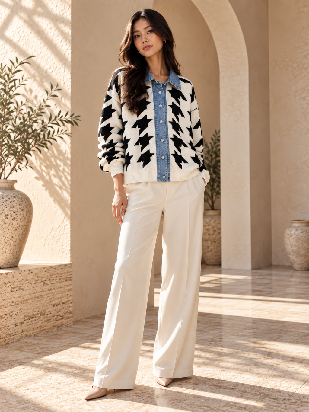 Women’s Denim Patchwork Relaxed Knit Sweater