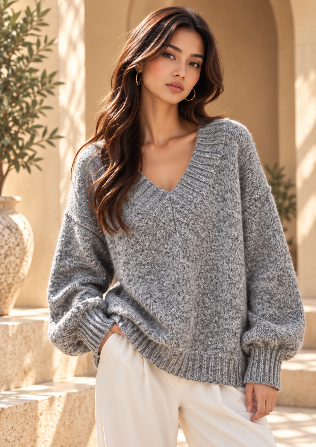 Women’s Solid V-Neck Knit Sweater
