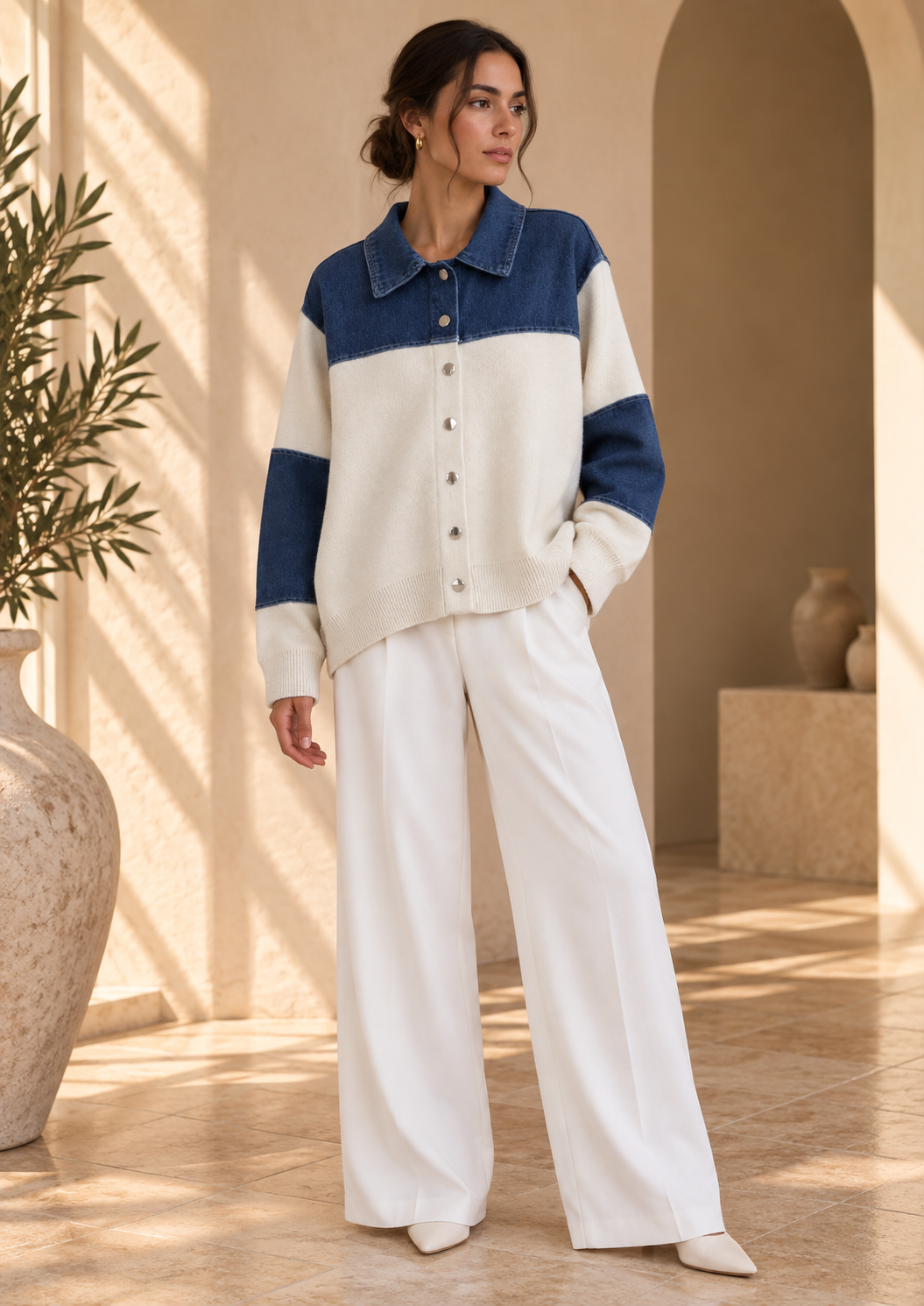 Women’s Denim Patchwork Relaxed Knit Sweater