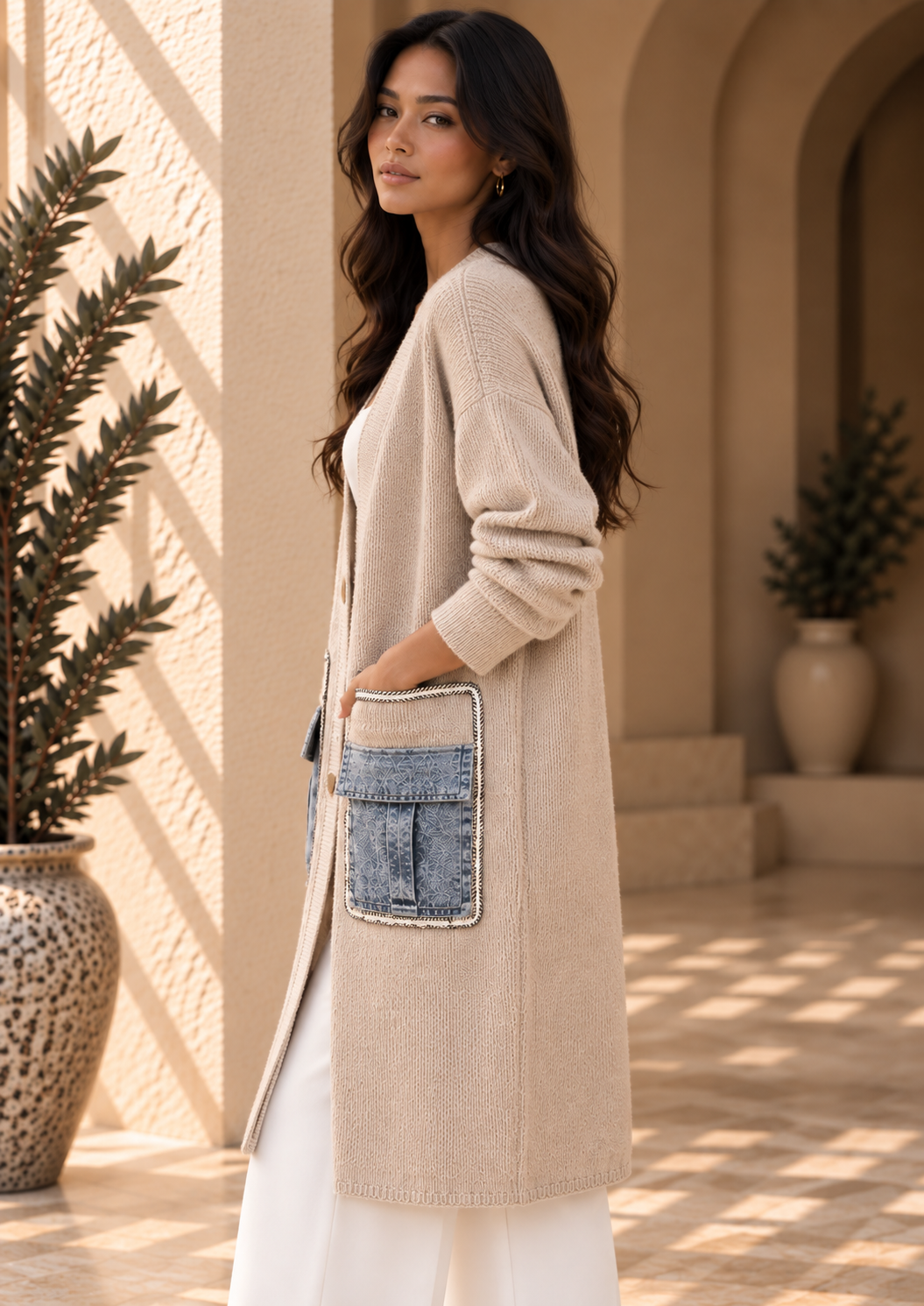 Women’s Denim Panel Pocket Knit Sweater