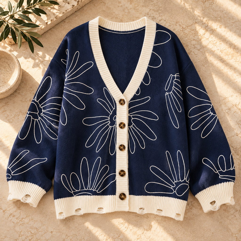 Women’s Jacquard V-Neck Contrast Knit Cardigan