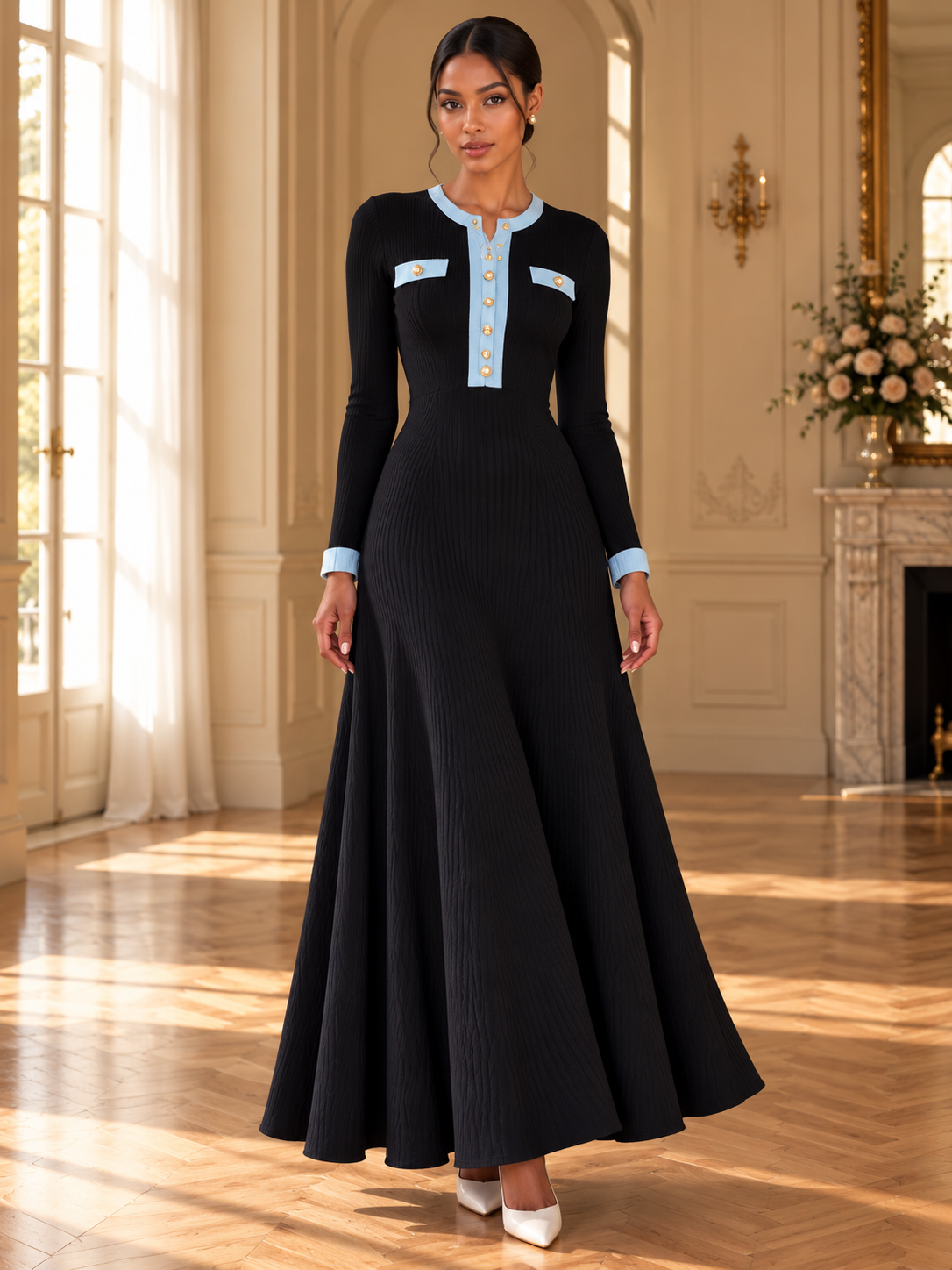 Women’s Long Sleeve V-Neck Knit Maxi Dress