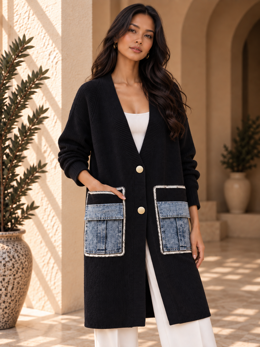 Women’s Denim Panel Pocket Knit Sweater