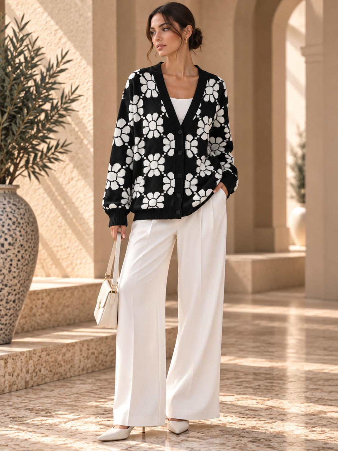 Women’s Floral Color-Block V-Neck Knit Cardigan