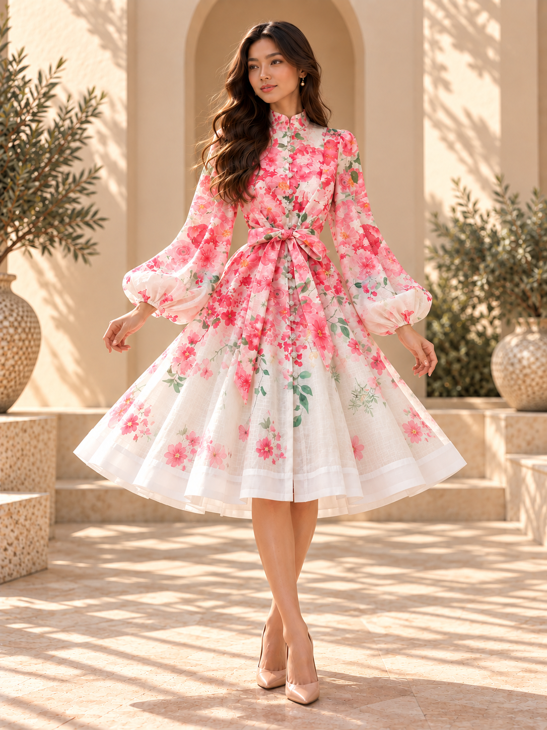 Women’s Lantern Sleeve Button-Front Dress
