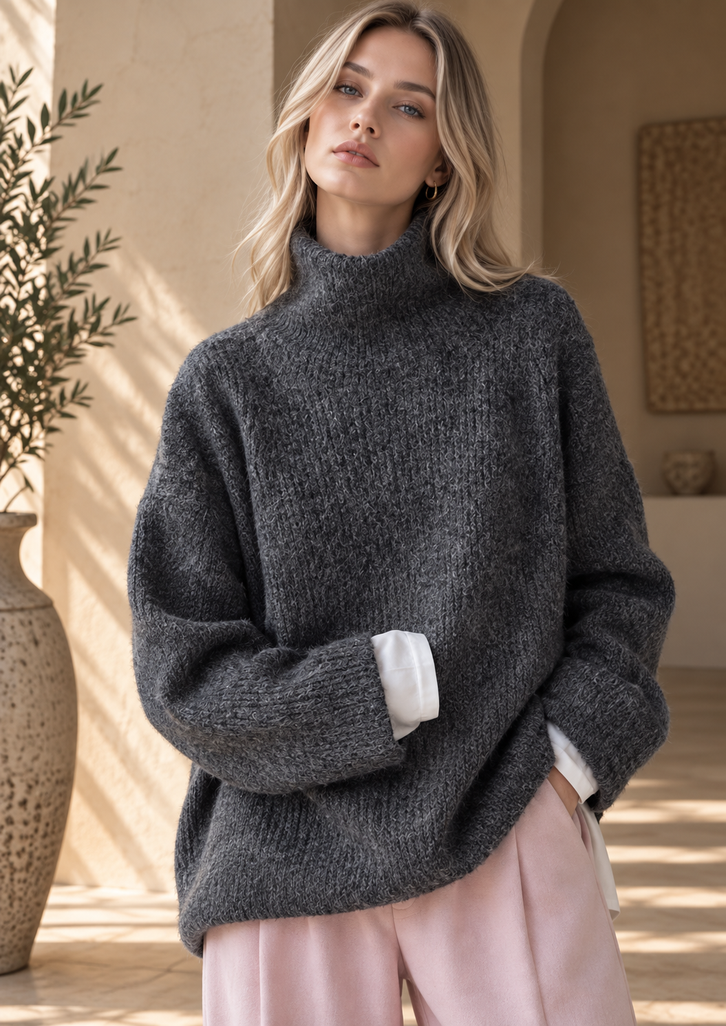 Women’s Hooded High Neck Relaxed Knit Sweater