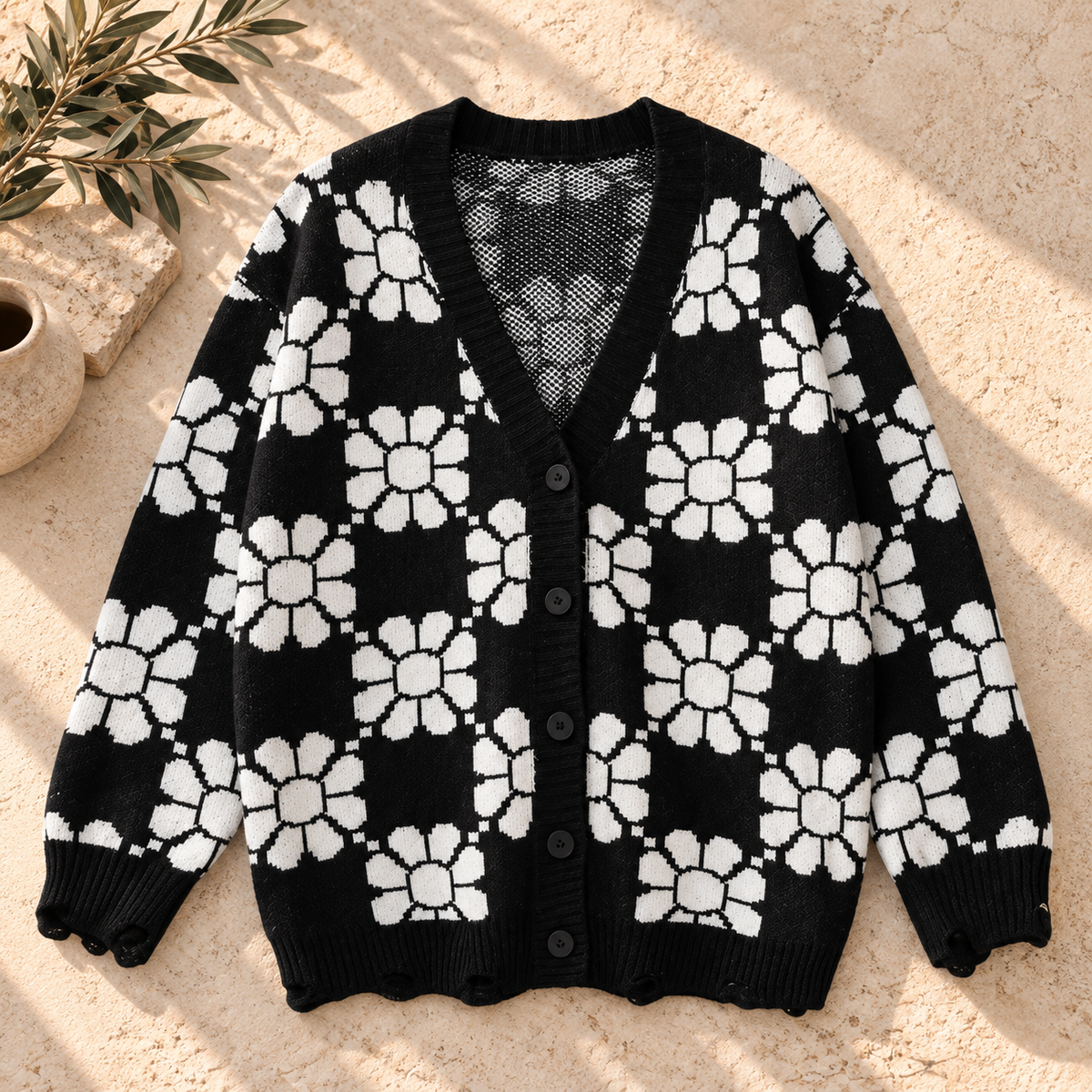 Women’s Floral Color-Block V-Neck Knit Cardigan