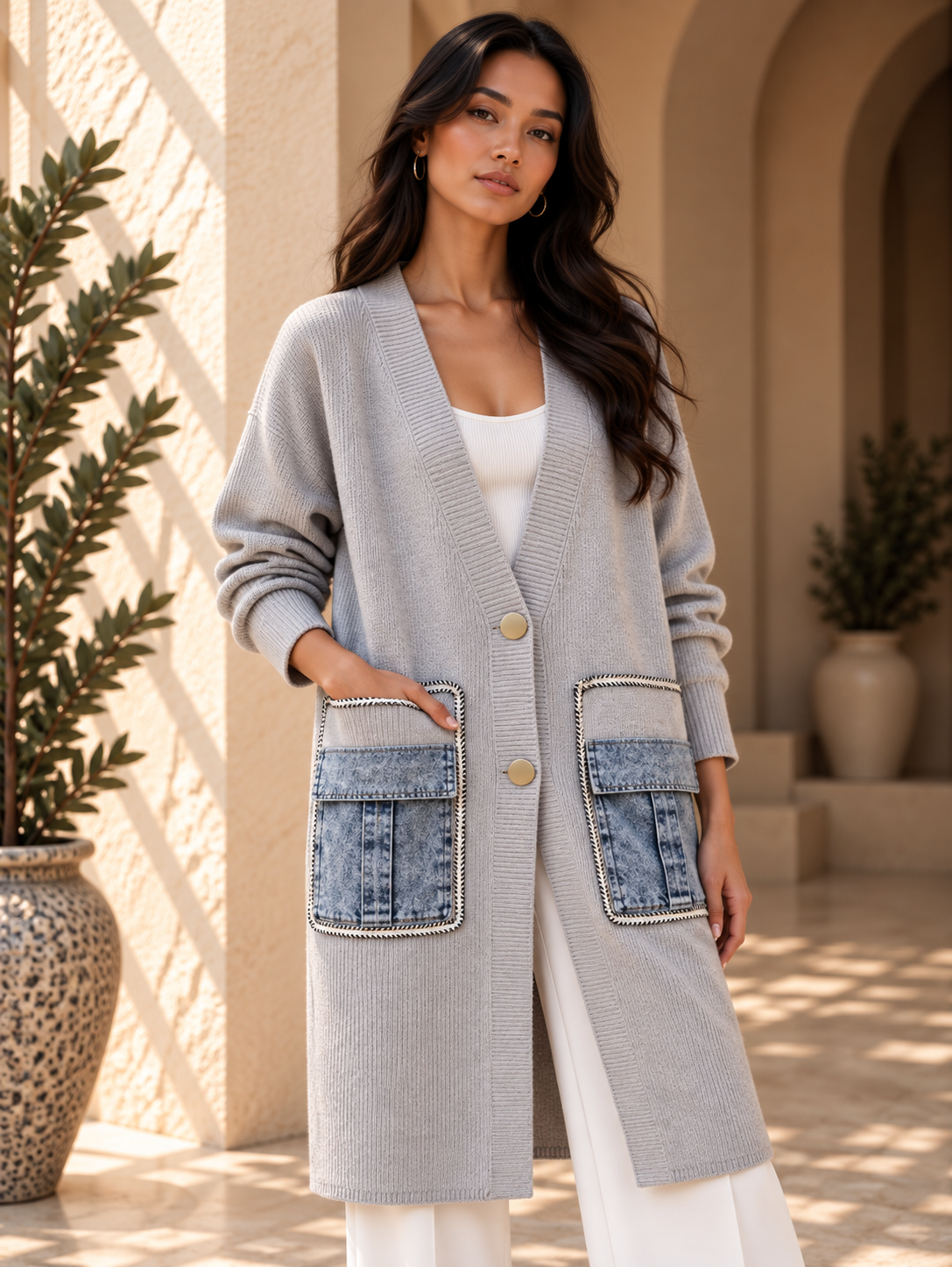 Women’s Denim Panel Pocket Knit Sweater