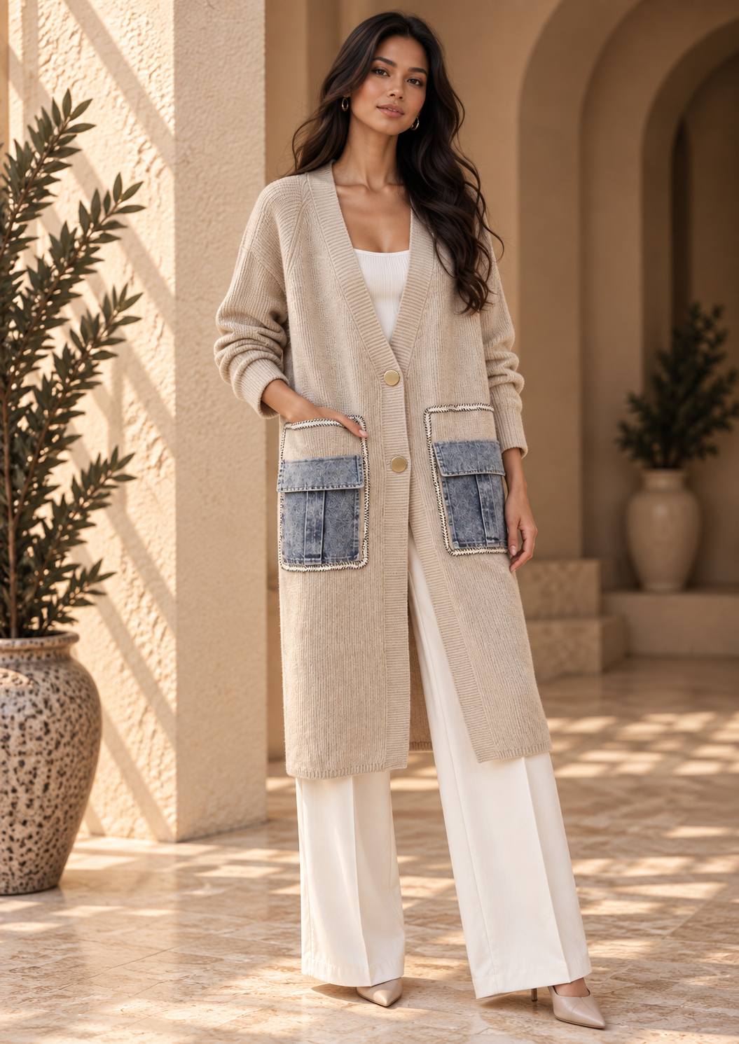 Women’s Denim Panel Pocket Knit Sweater
