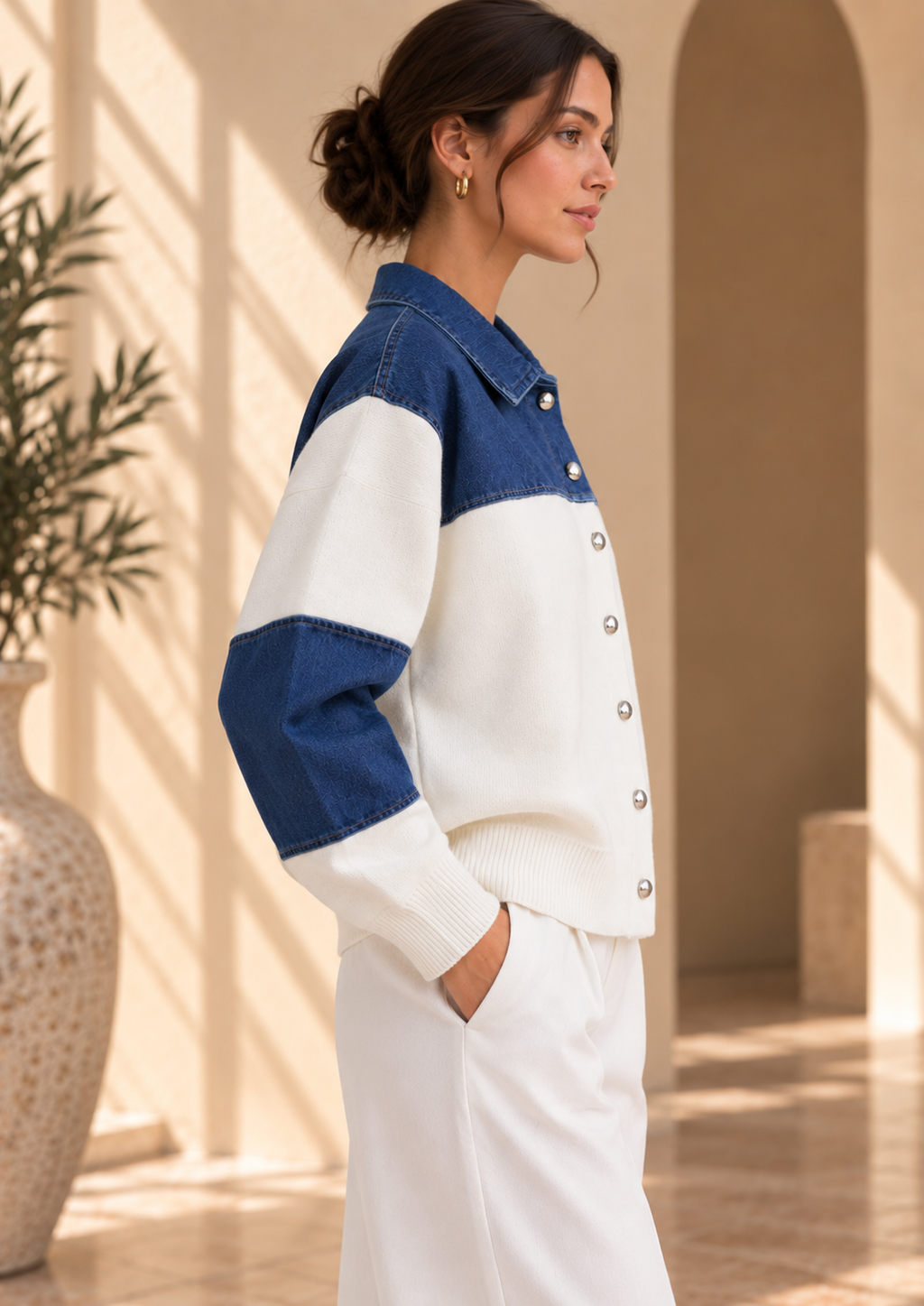 Women’s Denim Patchwork Relaxed Knit Sweater