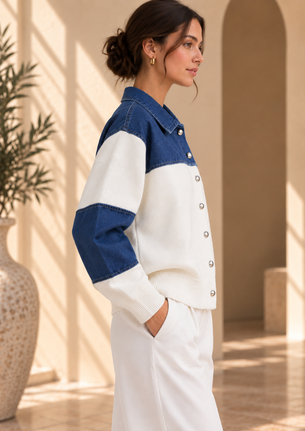 Women’s Denim Patchwork Relaxed Knit Sweater