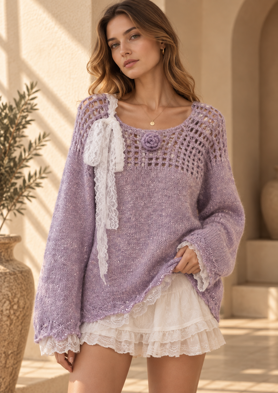 Women’s Lace Sequin Hollow-Out Knit Sweater
