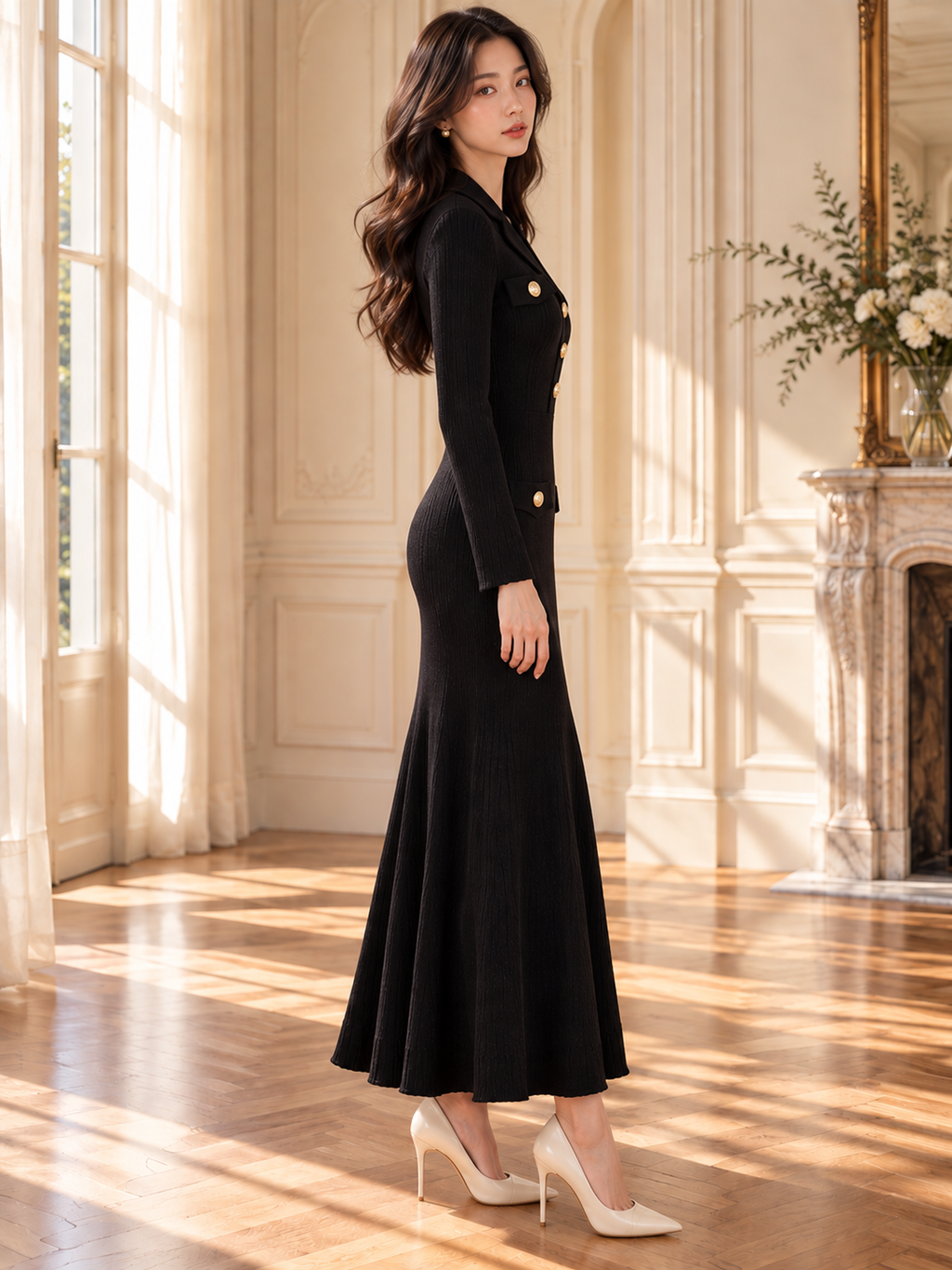 Women’s Gold Button Collared Knit Maxi Dress