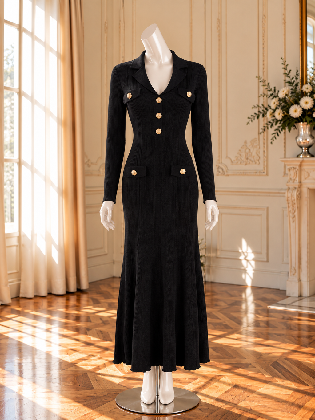 Women’s Gold Button Collared Knit Maxi Dress