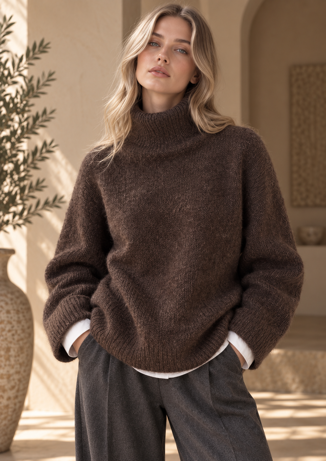 Women’s Hooded High Neck Relaxed Knit Sweater