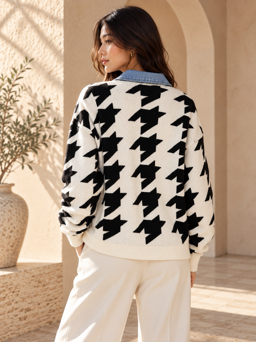Women’s Denim Patchwork Relaxed Knit Sweater
