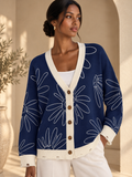 Women’s Jacquard V-Neck Contrast Knit Cardigan