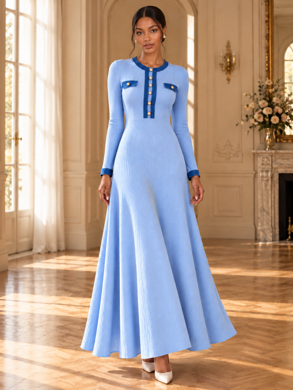 Women’s Long Sleeve V-Neck Knit Maxi Dress