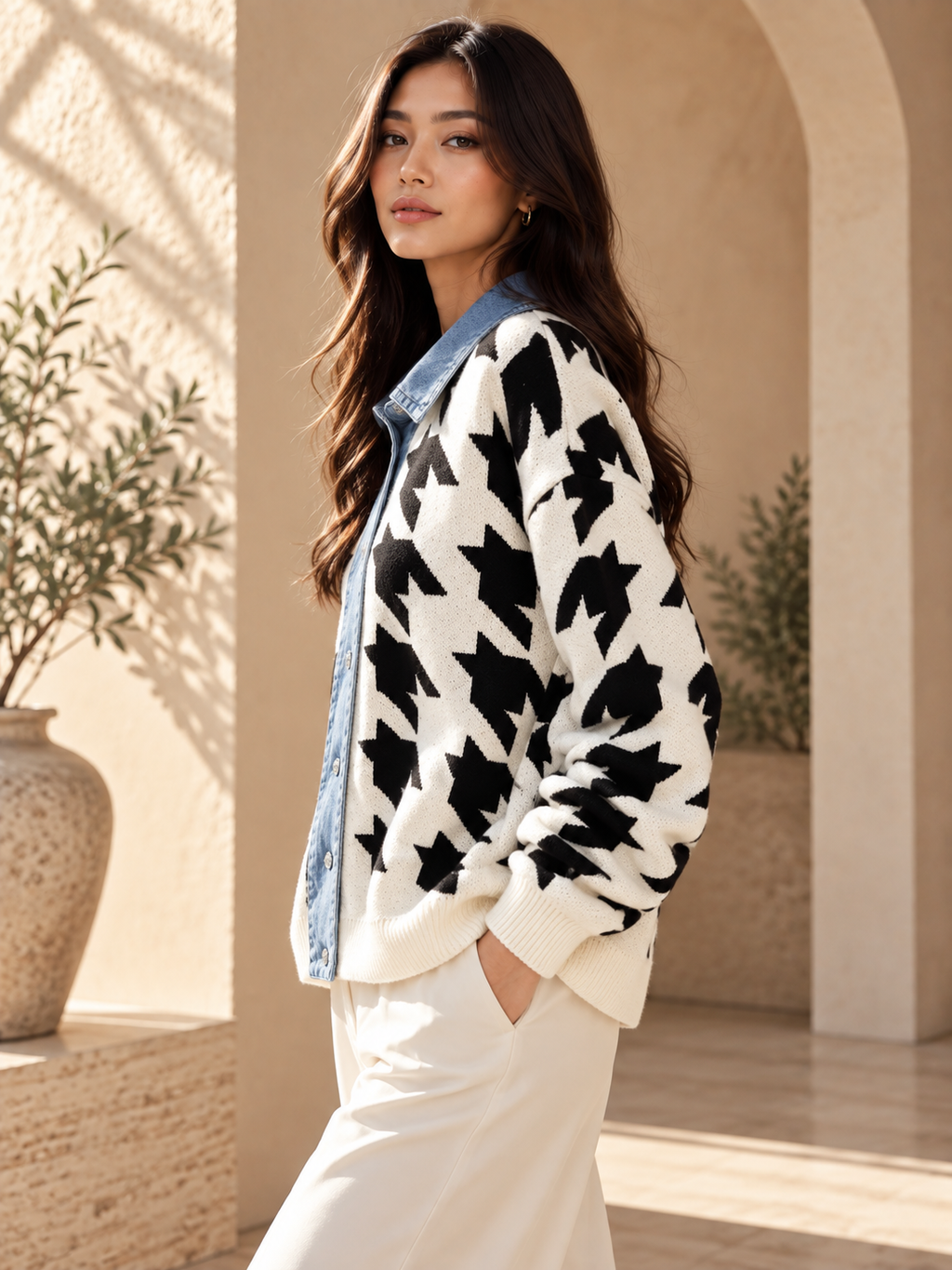 Women’s Denim Patchwork Relaxed Knit Sweater