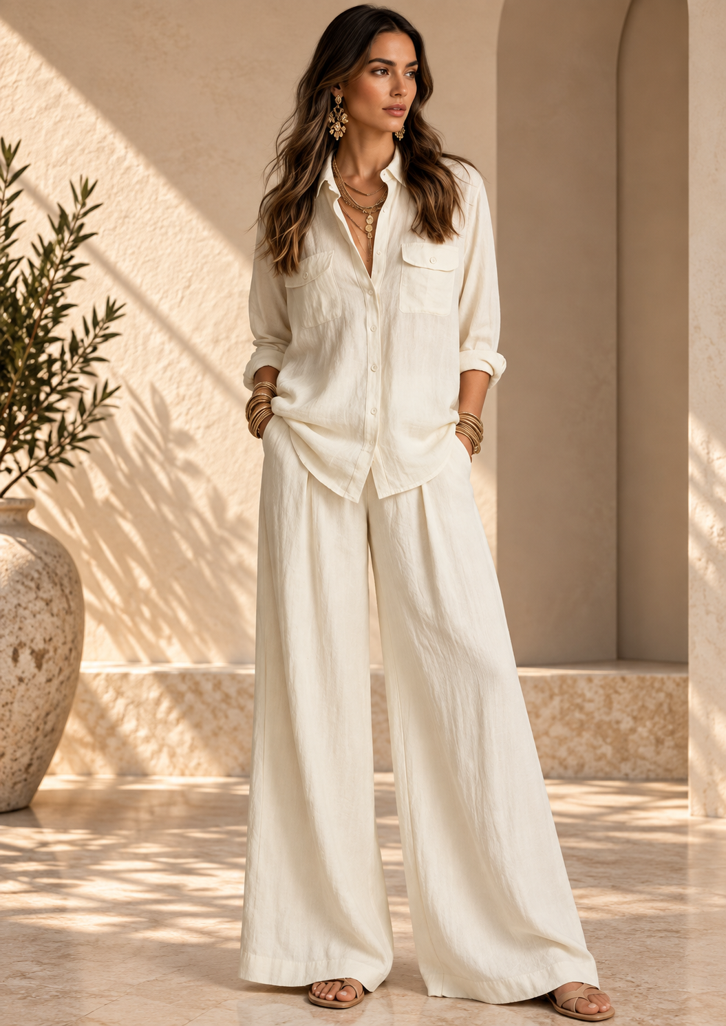 Women’s Linen Shirt & Wide-Leg Pants Set