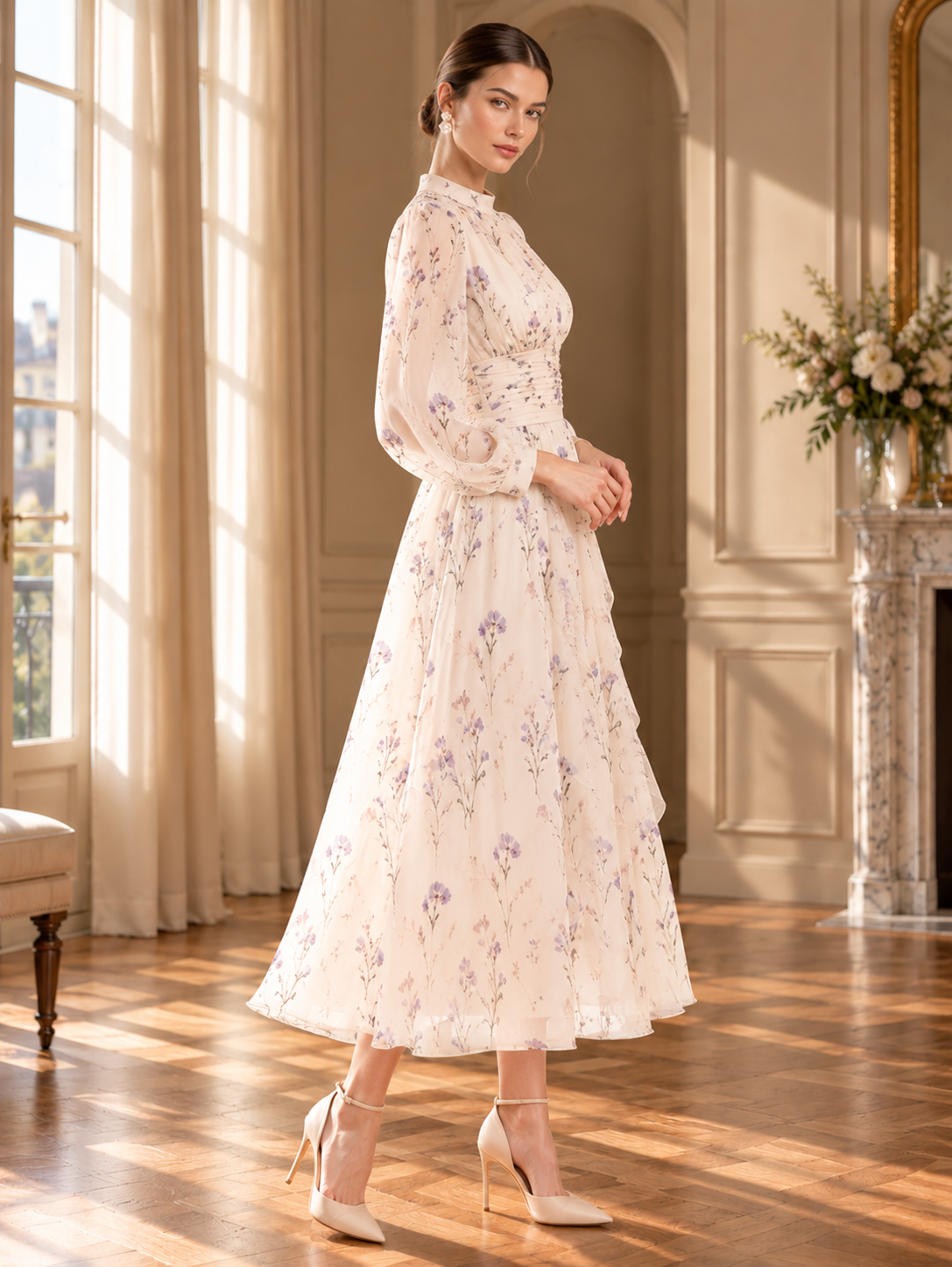 Women’s Ruffle Long Sleeve Chiffon Maxi Dress