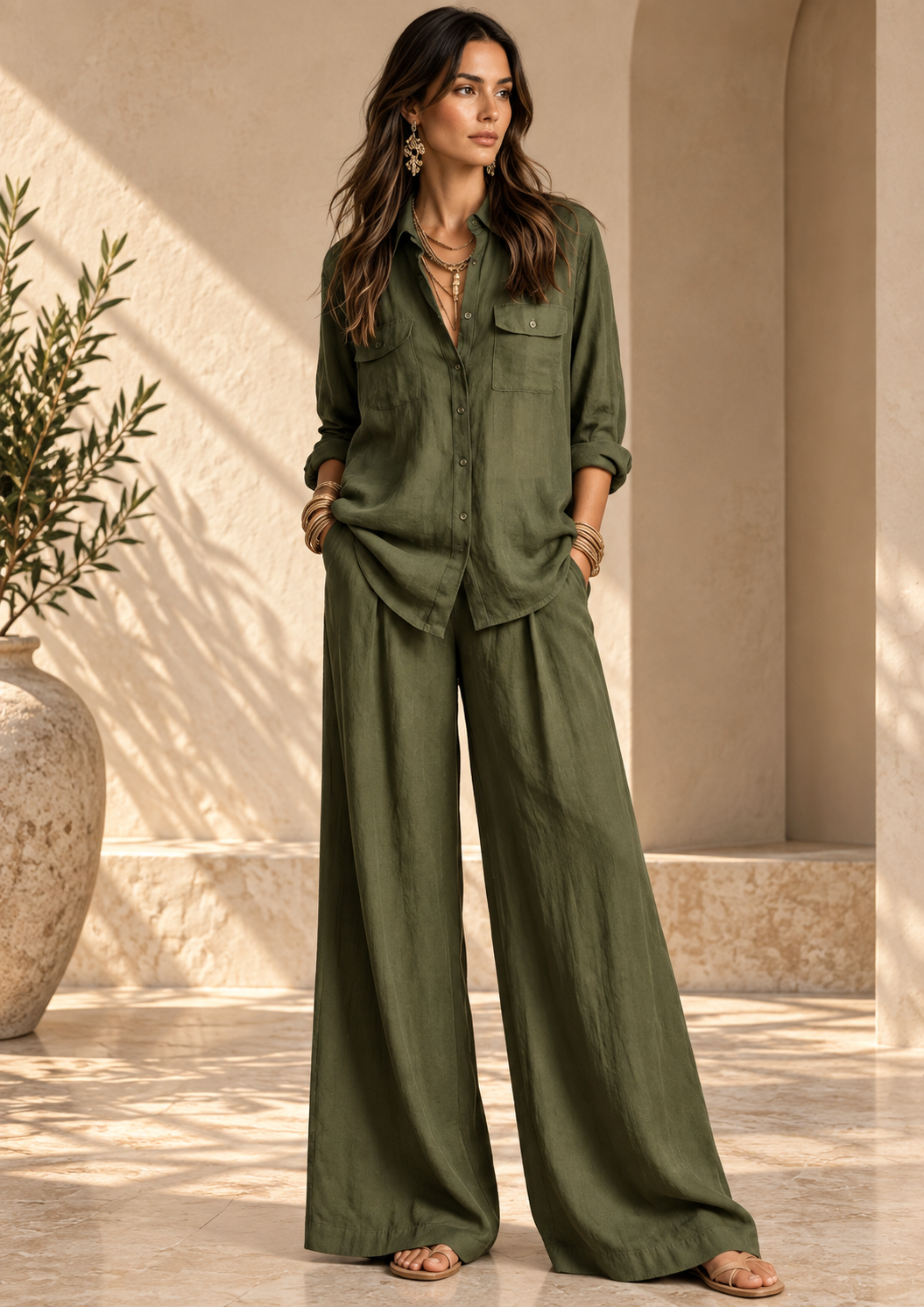 Women’s Linen Shirt & Wide-Leg Pants Set